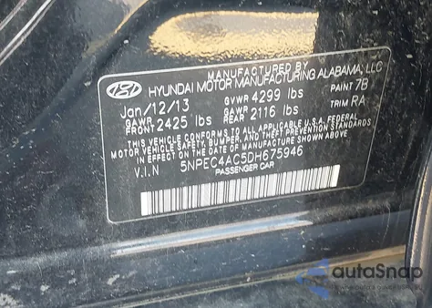 2013 Hyundai Sonata Limited z USA, uszkodzony, nr VIN 5NPEC4AC5DH675946